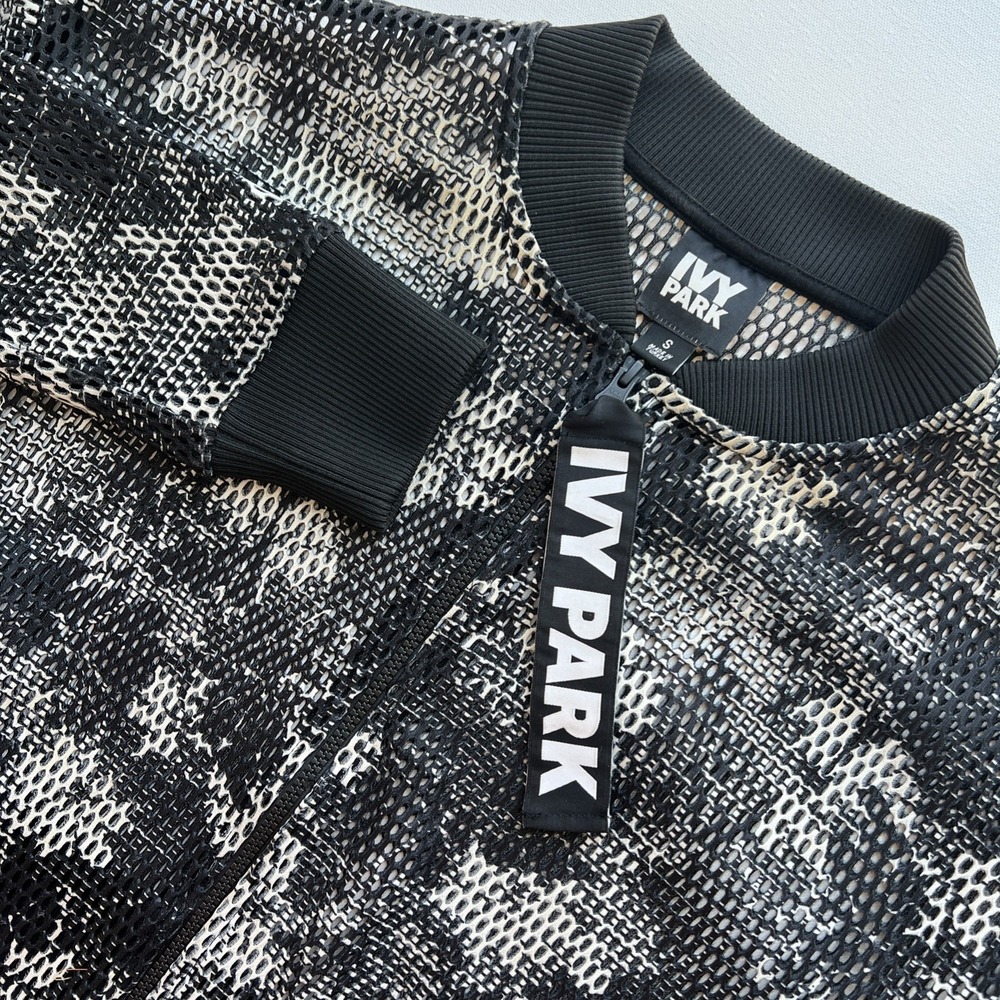 IVY PARK Bomber Jacket Womens S Black Cream Floral Mesh Full Zip Pockets Logo